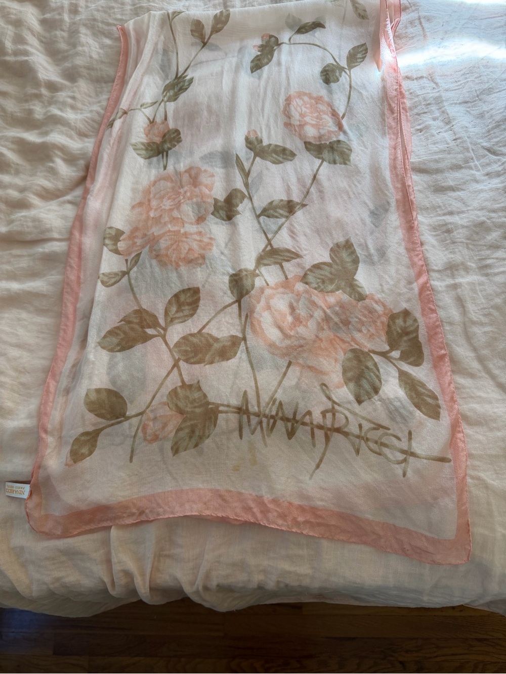 Vintage 80s/90s Nina Ricci Sheer Silk Scarf in Blush and Cream